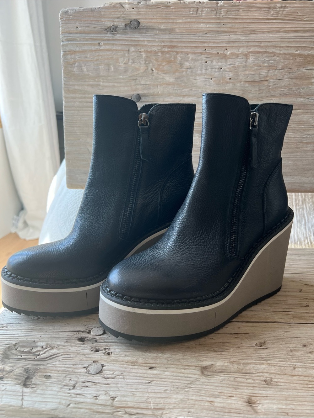 Naked Feet Black Leather Wedge Ankle Boots with Tan Platform